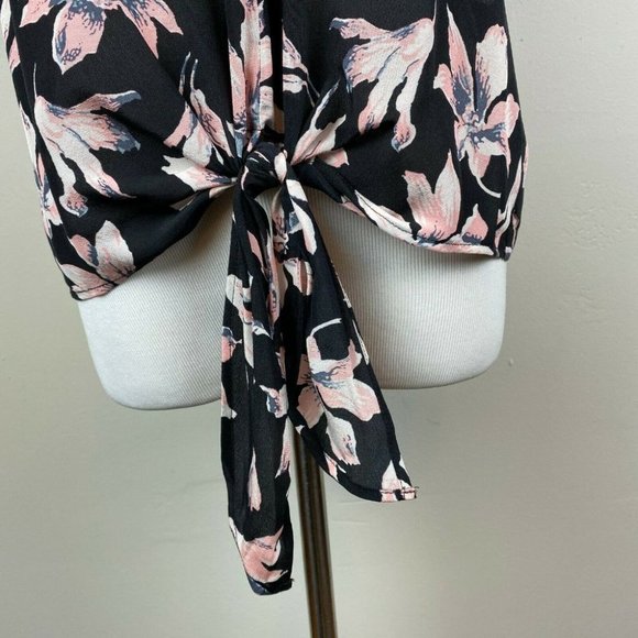 Madewell Silk Top S‎ Floral Button Back Tie Front Tee Sheer Black Pink - Picture 9 of 11
